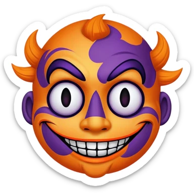 Perfectly round Juggalo smiley face with elaborate face paint that is orange bordered by dark purple sticker