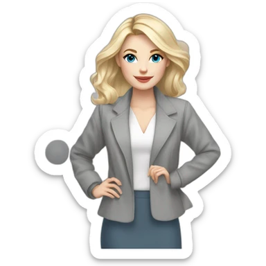 pale skin woman interior designer with cold blonde middle length hair, blue eyes, White blouse, Gray oversize jacket, Gray skirt holding a color palette in the hands sticker
