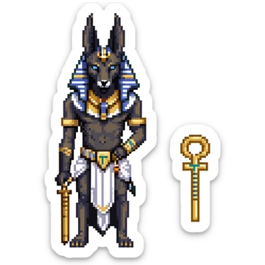 Egyptian god Anubis with black jackal head, gold collar, Egyptian headdress, holding ankh symbol sticker