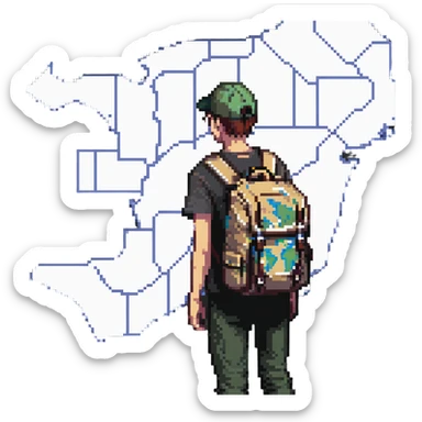 confused traveler with backpack looking at map sticker