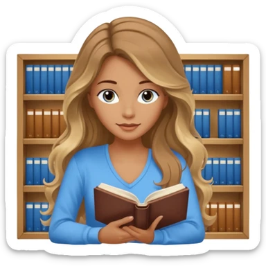 pretty female with long wavy brown hair with blonde highlights and blue eyes  in a relaxed position reading the book 'Rebecca' sticker