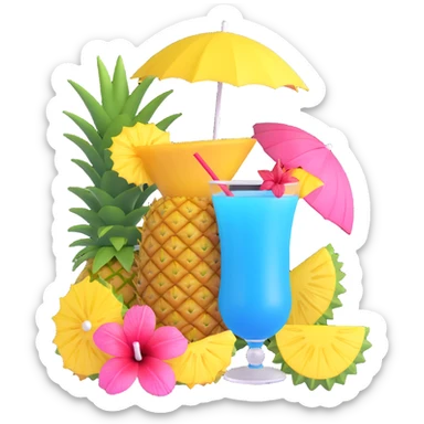 a pineapple and a vibrant tropical fruity blue cocktail with hibiscus, pineapple slice, and paper umbrella garnish sticker