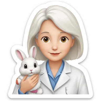 Older female vet – gentle smile, coat, checking rabbit  sticker