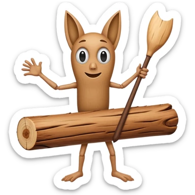 The character is an anthropomorphic wooden log with a cartoonish face, human arms and legs, and a long wooden bat, giving it a surreal, humorous appearance. sticker