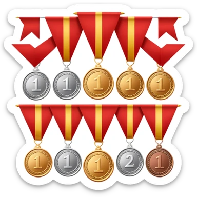 Icon for Collecting Orders, Medals & Badges: a variety of medals, orders and badges displayed on a large red pennant with fringed edges. The icon should convey the prestige and historical value of these collectibles. Transparent background. sticker