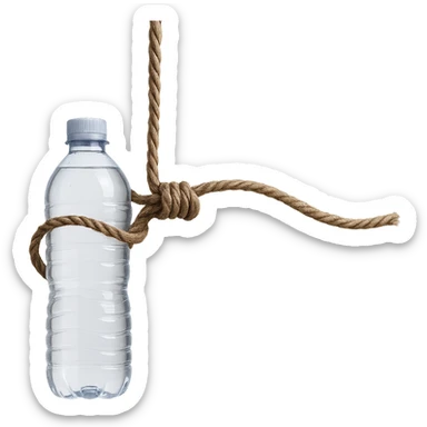 Create a long rope with a loop similar to the reference image, replacing the cheese with a transparent water bottle. The style should be realistic with natural details and no background. sticker
