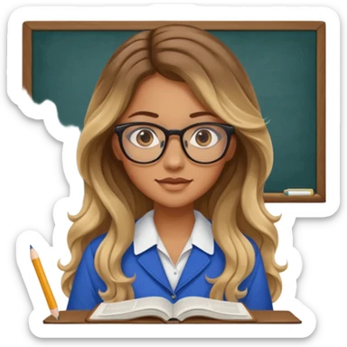 pretty female with long wavy brown hair with blonde highlights and blue eyes doing history homework  sticker