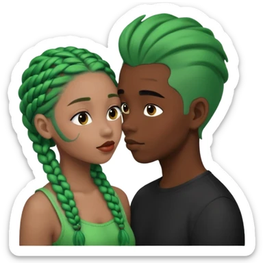 Black girl with green braids kissing white boy with black hair sticker