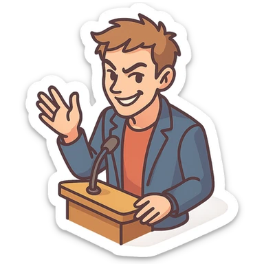 Lively and clever male debater, fair skin, short messy light brown hair, sharp eyes with a mischievous smile, wearing indigo blazer over a casual t-shirt, one hand raised mid-gesture, waist-up sticker