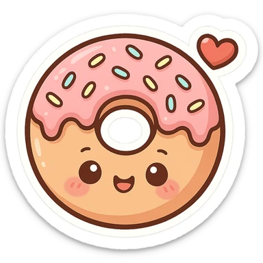chibi sticker-style donut with a heart accent, cute and exaggerated sticker