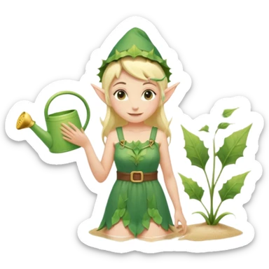 elf female tending to glowing beach plants, floral sundress, watering can or magic light, pointy ears, gentle smile, centered emoji, pastel magic sticker