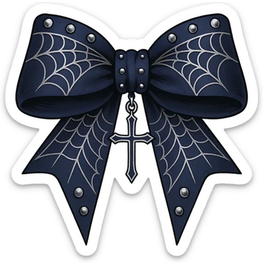 Edit the image to depict an oversized blue gothic bow with silver studs, spiderweb patterns, and a dangling cross. The background should be removed. Maintain a gothic style with bold silver and spiderweb details. sticker