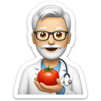 DOCTOR WITH WRINKLES, MAN, FULL GREY BEARD, GREY AND WHITE SHORT HAIR, RED GLASSES, holding a tomato on his palm sticker