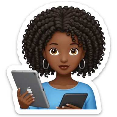 Dark brown Black girl with curly ponytail holding ipad sticker