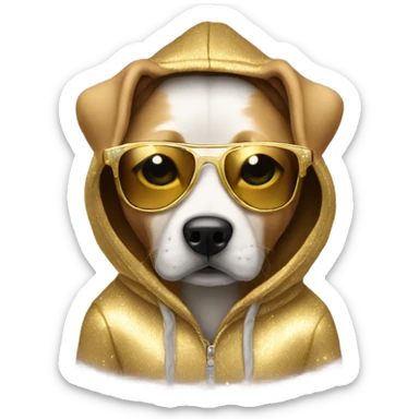 Dog wearing a hoodie and sunglasses sparkly gold sticker