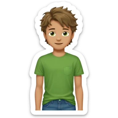 A 14 yerar old teenage boy, tanned, wearing a green t-shirt , blue jeans and green sneakers with brown wavy tousled hair, smirking sticker