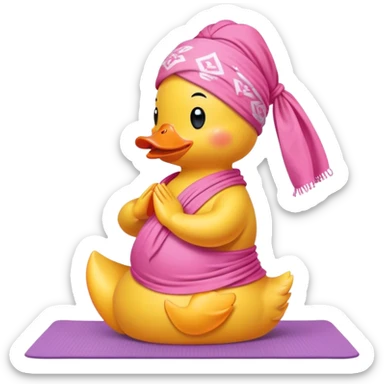 side view of yellow rubber duck with a pink bandana doing yoga while praying sticker