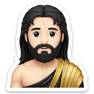 Pluto from Roman Deities with long black hair and beard , black sequin toga sticker