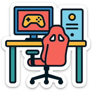 gaming room with desk and PC sticker