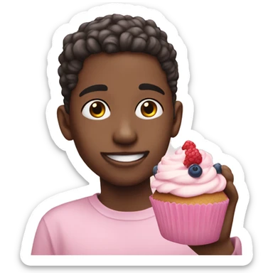 White skinned-Boy eating pastel pink cupcake with berries sticker