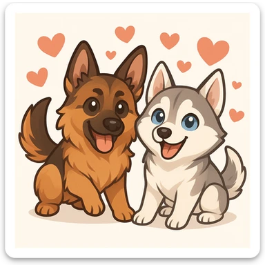 Make the two dogs playful and lively with a heart background in chibi sticker style, inspired by the reference photo. sticker