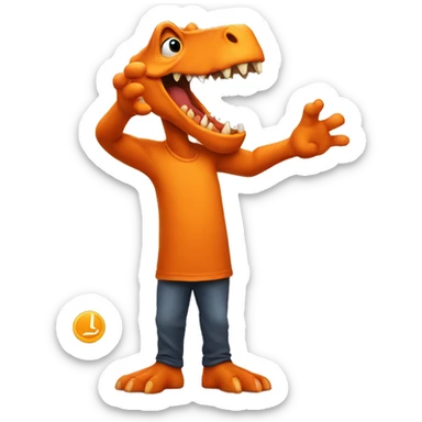 The orange dinozav smears his hand in greeting sticker