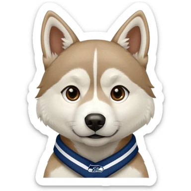White  brown husky with Seattle Seahawks gear sticker