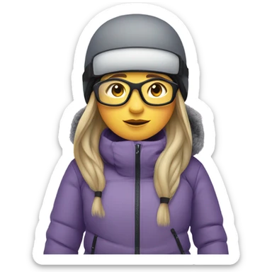 chubby female skier with long straight hair, glasses, grey purple snow jacket, black pants, black only snow boots and black skis. sticker
