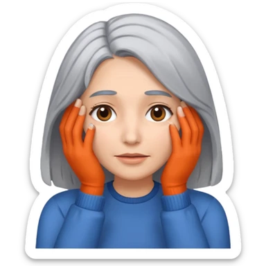 woman with gray hair and hand covering face sticker