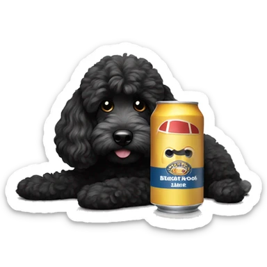 Black cockapoo lying down next to a can of beer sticker