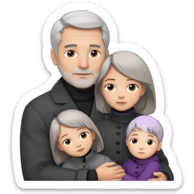 A father with silver-grey hair styled neatly and a clean-shaven face, wearing a dark turtleneck and wool coat, holding his girl child gently. The child has light brown hair and a soft white dress. Warm cinematic lighting, emotional close-up. sticker