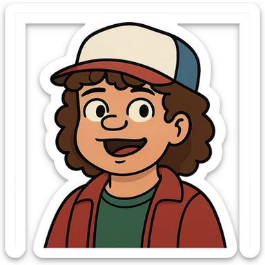 Stranger Things series, cartoon style, Dustin with his cap sticker