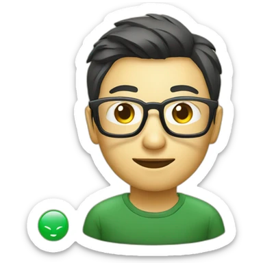 Chinese web developer, with glasses and a Vue.js logo T-shirt sticker