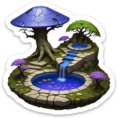 Crashed Alien saucer pool-castle jungle winding footpath mountainside getaway haunted nighttime landscape antique mudman very old broken cracked intricate Stone Age lapis-crusted irregular dodecagon-shaped shallow dark moss rough bark violet flowered maple tree bonsai sticker