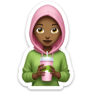 Pretty girl -brawn hair- pink hoodie-holding a glass cup of iced matcha  sticker