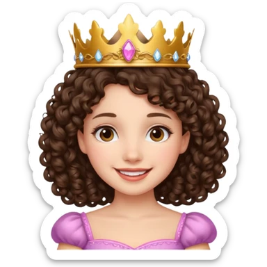 A brunette curly hair girl with a princess crown smiling gently. sticker