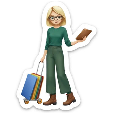 Fille blonde, pantalon ample vert foncé. Lunettes ronde fine. Bottines marrons. Elle pousse une palette remplie de chaussettes  sticker