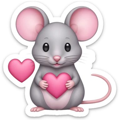 A light gray mouse holds a pink heart in its paws. sticker