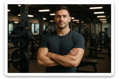uomo sicuro di sè a braccia conserte, ben allenato e sereno, sullo sfondo una palestra sticker