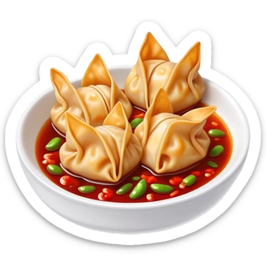 Sichuan spicy wontons in chili oil sauce, simplified emoji style with bold outlines and bright colors, cartoon style red Chinese dumplings Hongyan Chaoshou sticker