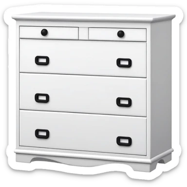 IKEA-inspired 4 feet depth white 6-drawer chest, one tiny black knob per drawer, stacked sticker