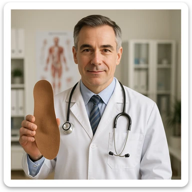 realistic orthopedic doctor in white coat showing an orthopedic insole, medical office background sticker