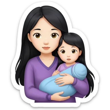 Beautiful Asian girl with long black hair holding baby sticker