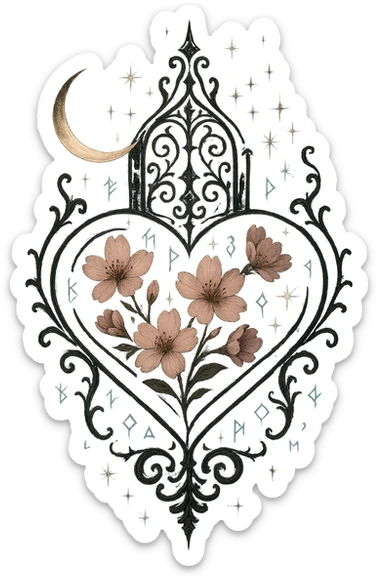 Make the goth sakura heart more mystical by adding glowing magical runes, more sparkling stars, a faint ethereal mist, and subtle moonlight effects. Keep the background transparent. Enhance the mystical and ethereal atmosphere while preserving the goth sakura heart style. sticker