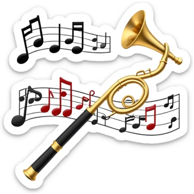Create a sophisticated and elegant emoji that represents orchestration and arrangement. The design should feature a conductor’s baton, musical notes, and a symphonic score, symbolizing the process of arranging and orchestrating music. Incorporate instruments like a violin, trumpet, and piano keys subtly in the background, representing different sections of the orchestra. Use classical and refined colors such as gold, deep red, and black to evoke the grandeur and precision of orchestration. The background should be transparent. sticker