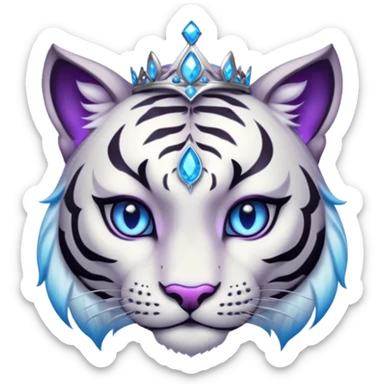 ESO Female white/black tiger khajiit leader of the umbral rose, glowing blue eyes, glowing blue 'third eye' gem; purple gem silver tiara sticker