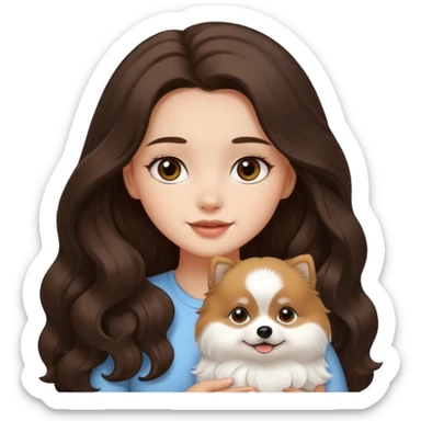 light-skinned-girl-wavy-dark-brown-long-without-volume-hair-brown-eyes-petting-light-white-pomeranian sticker