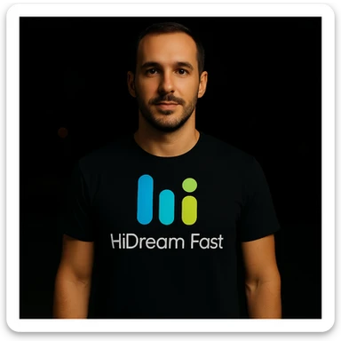 man wearing tshirt with this logo, dark night background with dim , add fast below logo, make man fit into image, add fast insead pf the dev keep rest same sticker