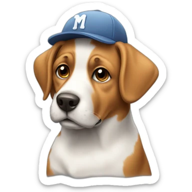 Dog with cap where is red letter M sticker