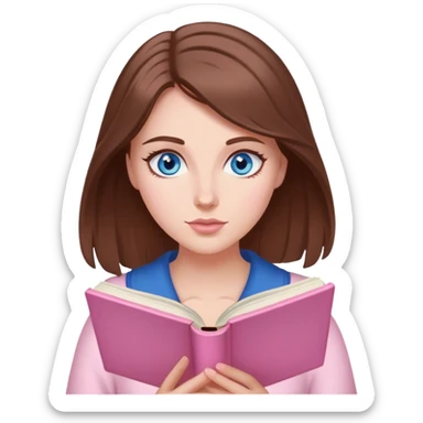 woman with brown hair and blue eyes reading a light pink romance book sticker